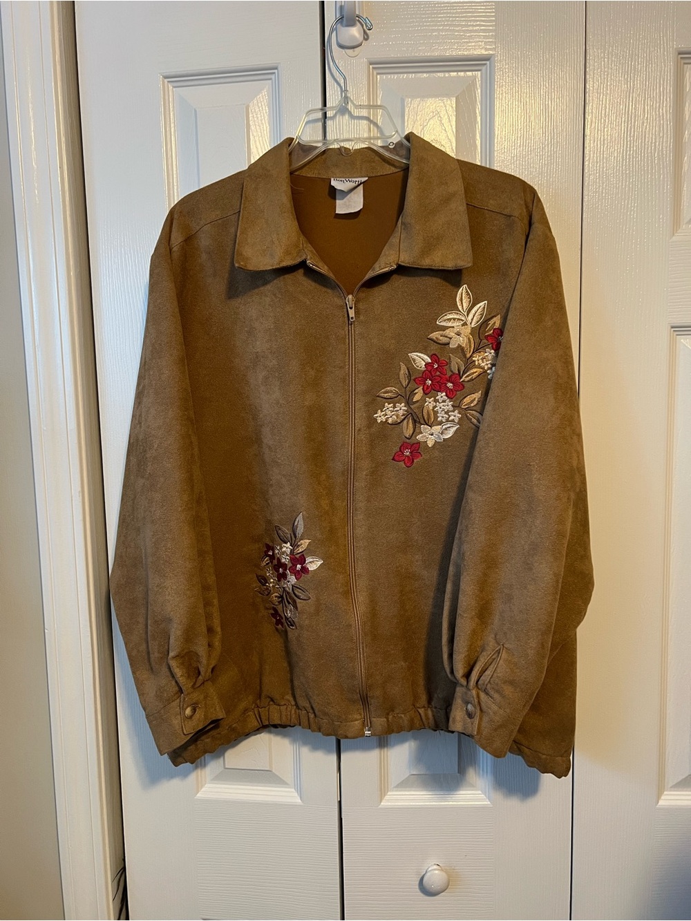 Vintage BonWorth Brown Faux Suede Bomber Jacket with Floral Embroidery